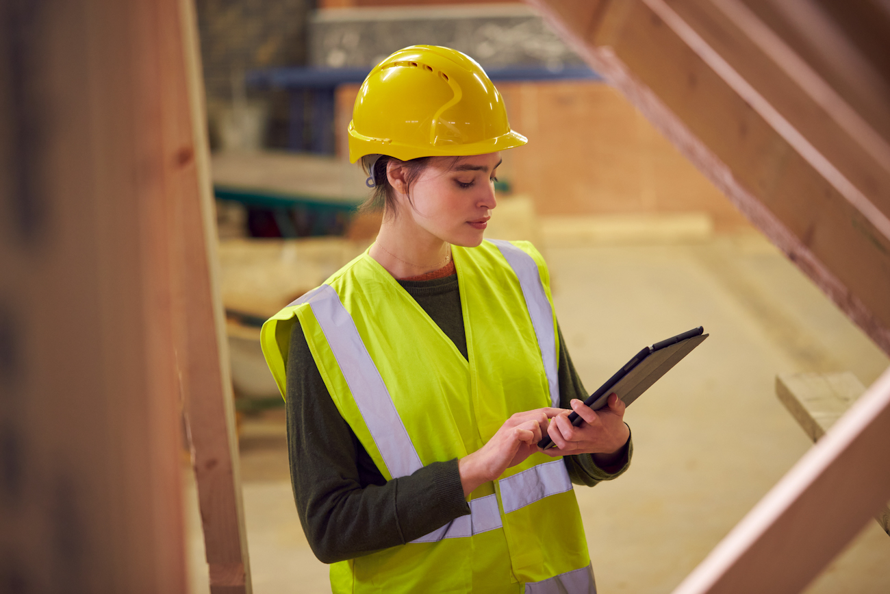 Female Safety Inspector With Digital Tablet At Construction Site